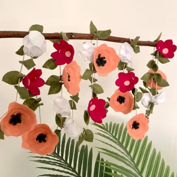 Felt Floral Flower Garland, Spring Decor, Nursery Decoration, Wedding Decor, Flower Bunting, Flower banner, Pink, Cream, Green, Coral. White