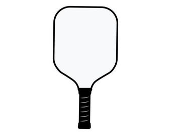 May include: A white pickleball paddle with a black outline and a black grip. The paddle has a rectangular head with rounded corners and a short handle. The grip is textured for better handling.
