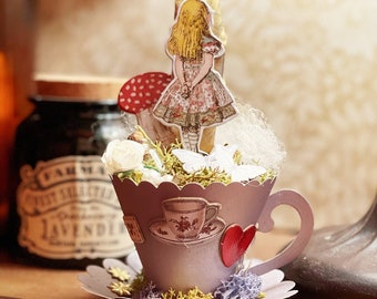 Alice Paper Teacup Decorated, Filled with Vintage Findings, Tea Party Centerpiece, Handmade, free shipping