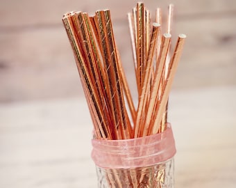Rose Gold Paper Straws, Wedding, Rose Gold Foil, Bridal Shower, Princess Party, Vintage Style Paper Straws, Cake Pop Sticks