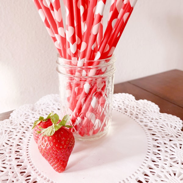 Red Heart Straws, Vintage Style, Wedding, Romantic, Cake Pop Sticks, Pink and White Hearts, 25 straws