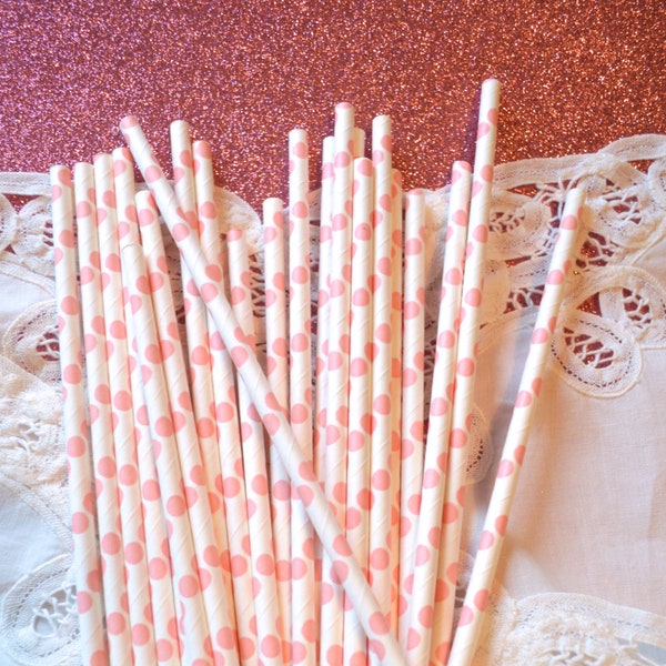 Pink Polka Dot Paper Straws, Princess Party, Little Girl, Baby Shower, Vintage Paper Straws,  Cake Pop Sticks 25 straws