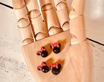 Mini Mouse Head Resin Cabochons: Red Polka Dot Bows, Scrapbooking (Set of 4)