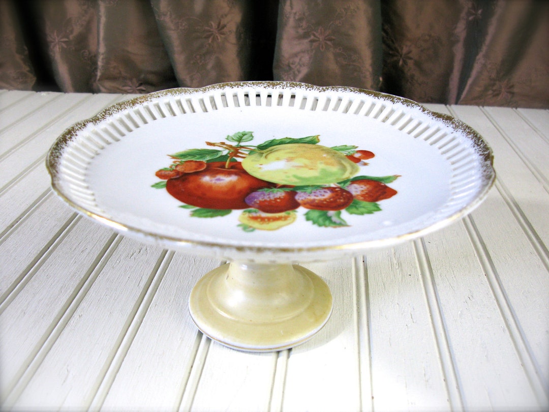 Vintage Pedestal Plate Decorated With Fruit, Pierced and Gilded Gold Edge Circa 1940's or 1950's