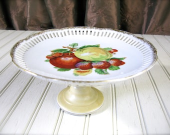 Vintage Pedestal Plate Decorated with Fruit,  Pierced and Gilded Gold Edge circa 1940's or 1950's