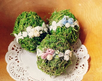 Moss Covered Eggs, Vintage Style Decorated, Bowl, Basket Filler set of 3