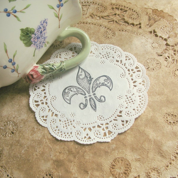 Fleur De Lis Paper Doilies, 5", Lace Paper Doily Coasters, Party Decor, Hand Stamped, French Market, French Wedding, Gift Wrap set of 10