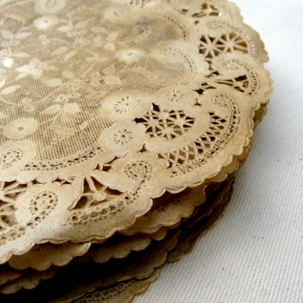 8"Aged Paper Doilies, Walnut Stained, Vintage Style, Wedding, Party Place Setting, Distressed, Rustic, French, Farm Style Decor, set of 6