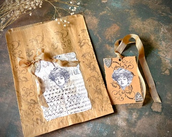 Altered Glassine Bag, Gift Tag Set, Kraft Gusseted Bags, Journal Pocket, Decorated, Vintage Details, Mixed Media