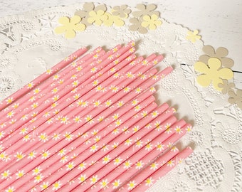 Pink Daisy Straws, Spring Party, Vintage Style Paper, Daisy Wedding Baby Shower, Flower Power, 60's Party, Cake Pop Sticks