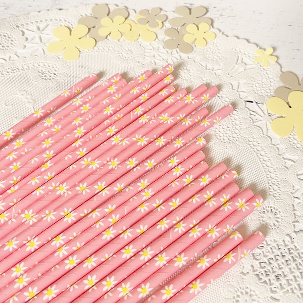 Pink Daisy Straws, Spring Party, Vintage Style Paper, Daisy Wedding Baby Shower, Flower Power, 60's Party, Cake Pop Sticks