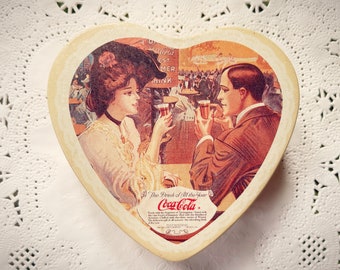 Vintage Coca Cola Tin, Heart Shaped, Empty 1928 Jewelry Storage, Advertising, 1990's
