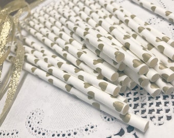 Gold Hearts Straws,Vintage Style, Wedding, Romantic, Bridal Shower, Princess Party, Cake Pop Sticks, Antique Gold, 25 straws