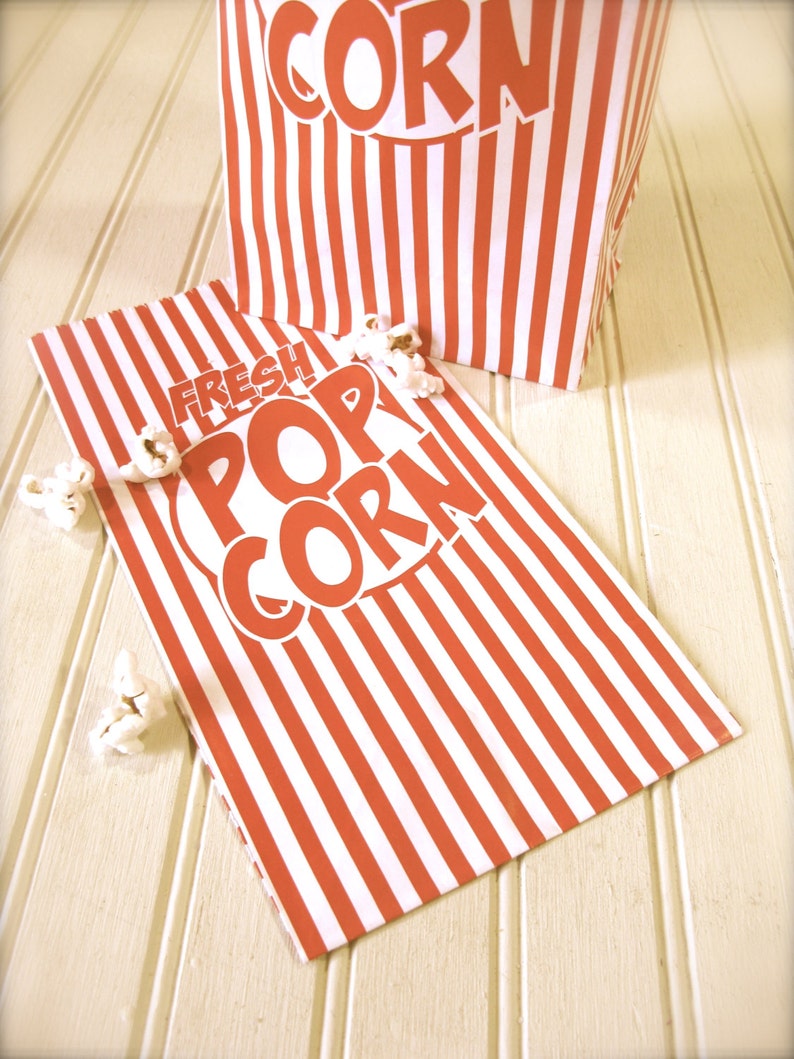 Retro Striped Popcorn Party Bags, Paper, Gusseted, Carnival, Circus Themed Kids Party set of 10 image 3