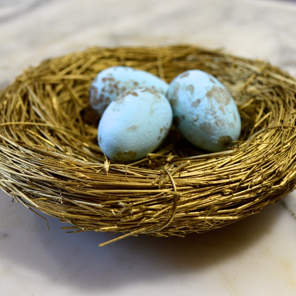 Golden Birds Nest, complete with 3 Hand Painted Robin's Eggs, Natural Woodland Decor