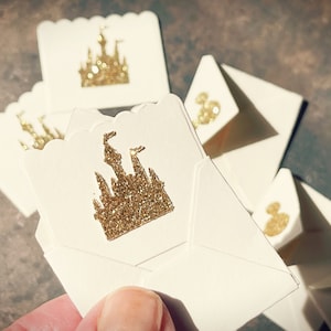 Mini envelopes, With Note Card, Disney Inspired, Mickey Icon, Gold Glitter Castle, Fairy Mail, choose sets of 2 or 4