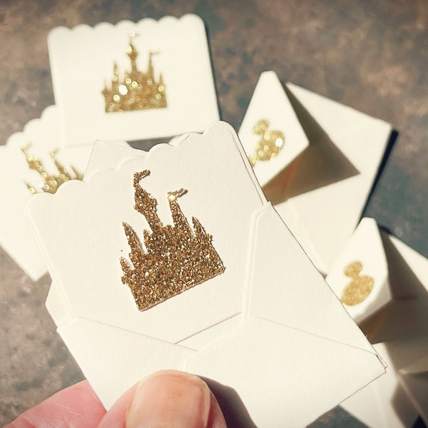 Mini envelopes, With Note Card, Disney Inspired, Mickey Icon, Gold Glitter Castle, Fairy Mail, choose sets of 2 or 4
