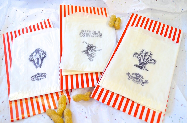 Stamped Glassine Bag, Circus Theme, Favor Bags, Wedding Candy Bar, Kid's Party, Favor Bags, set of 12 image 1