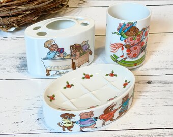 Mother Goose Bathroom Toothbrush, Soap, Tumbler Set, Nursery Rhymes,  Shafford Tempest Co. Vintage 1986