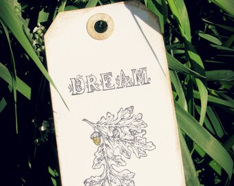 Acorn Dream Gift Tags, Woodland Stamped Tags with Gold Glitter, Set of 2