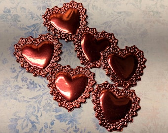 Red Metallic Hearts, Puffy, Embossed, Die Cuts, Set of 6