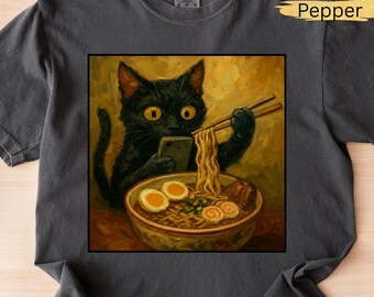 Kat Ramen retro shirt, kattenliefhebber cadeau, T-shirt Japans eten minnaar, vintage kitty top, kat eet ramen grappig T-shirt