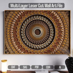 Puede incluir: Arte mural de corte láser multicapa en un marco de madera rectangular. La obra de arte presenta un diseño de mandala circular detallado con capas concéntricas en tonos marrón, dorado y crema. El texto "Multi Layer Laser Cut Wall Art File" está en la parte superior.