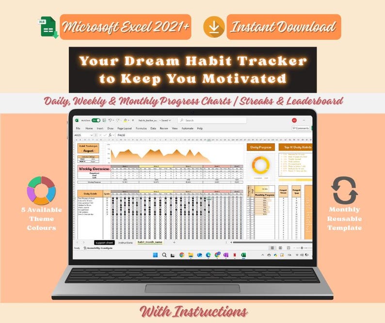 Aesthetic Habit Tracker Dashboard – Monthly and Weekly Progress Charts ...