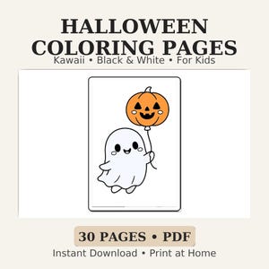 Halloween Coloring Pages for Kids – 30 Cute Kawaii Printables (Ghost, Bat, Witch, Pumpkin) – Black & White PDF, Instant Download