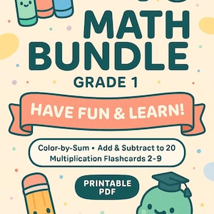 Op de afbeelding: Een kleurrijke wiskundebundel voor groep 1, met kleurpotloden, een potlood en een dinosaurus. Toont "+48 MATH BUNDLE" en "HAVE FUN & LEARN!" tekst, plus flashcards voor optellen, aftrekken en vermenigvuldigen. Printbare PDF.