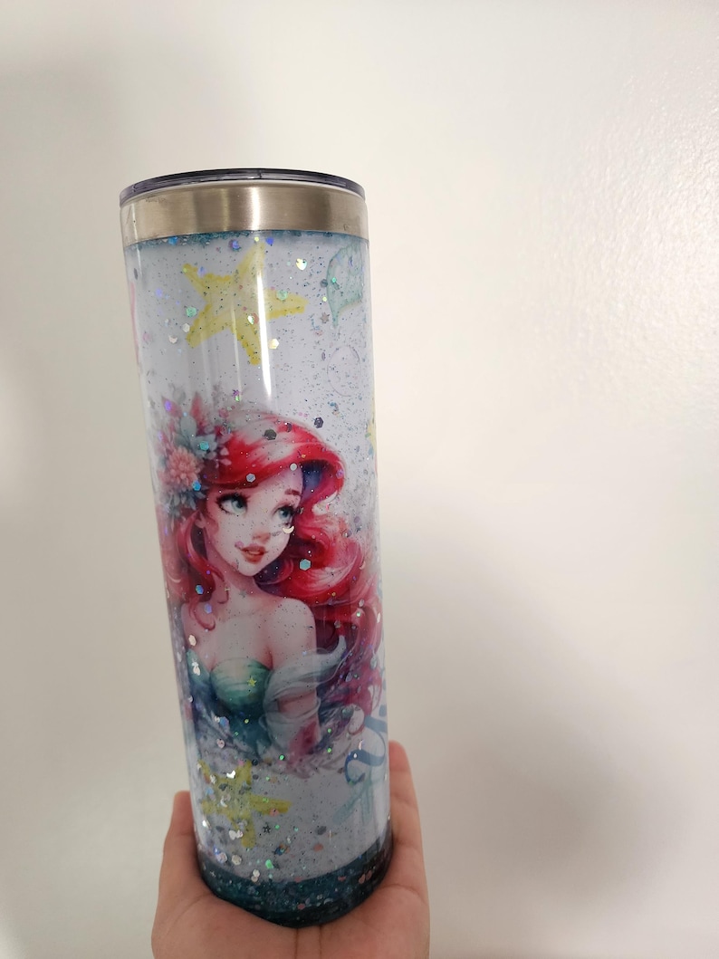 Ariel Snowglobe Tumbler, Flowing Glitter Stars, 20 oz Sublimated Cup image 4
