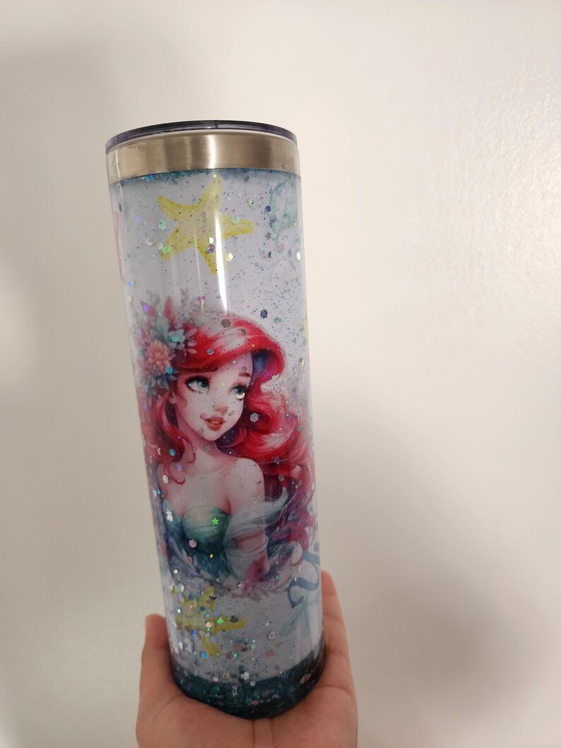 Ariel Snowglobe Tumbler, Flowing Glitter Stars, 20 oz Sublimated Cup image 3