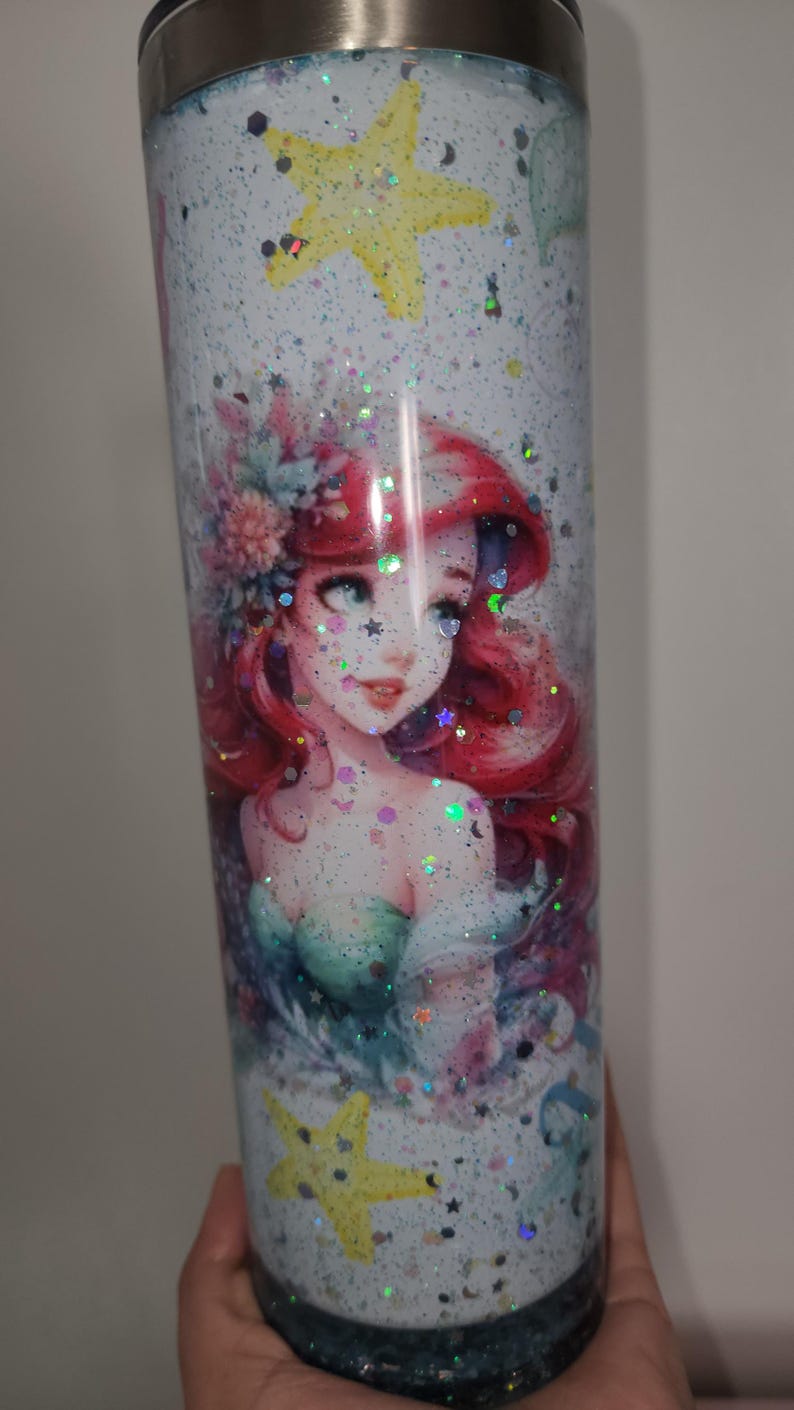 Ariel Snowglobe Tumbler, Flowing Glitter Stars, 20 oz Sublimated Cup image 2