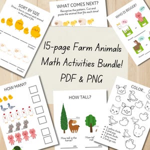 May include: A 15-page farm animals math activities bundle in PDF and PNG formats. The pages feature educational worksheets with illustrations of chicks, pigs, goats, rabbits, and cats, including tasks like sorting by size, pattern recognition, counting, and coloring.