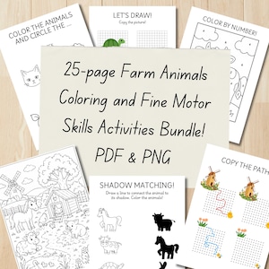 Könnte beinhalten: Ein 25-seitiges Set mit Ausmalbildern und Feinmotorik-Übungen zum Thema Bauernhoftiere als PDF- und PNG-Dateien. Die Sammlung enthält Arbeitsblätter mit Malvorlagen, Schatten-Zuordnungsspielen, Zeichenrastern, Zahlenbildern und Pfadübungen.