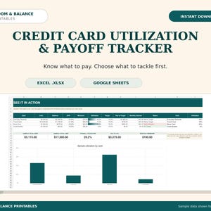 May include: A digital credit card utilization and payoff tracker spreadsheet template featuring a dark green header, a table with columns for card, limit, balance, APR, and utilization, and a bar chart displaying sample utilization data by card.