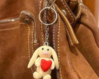 Handmade Polymer Clay Bunny Keychain: Heart Charm