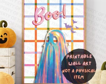 Pink Halloween Art Print – Iridescent Ghost with Pastel Boo and Colorful Gingham Background – Cute Spooky Wall Decor, Pastel Spooky Decor