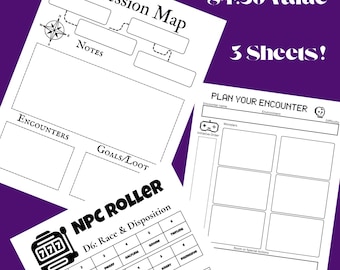 Paquete esencial de DM: 3 hojas de DM para TTRPG, planificador de sesiones, planificador de encuentros y generador de PNJ.