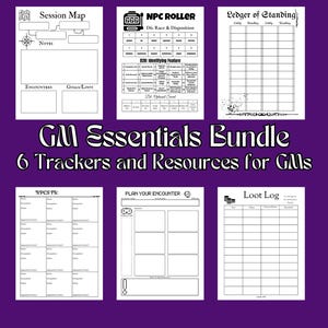May include: A purple background features six black and white tracker sheets for game masters. The sheets include a session map, NPC roller, ledger of standing, NPC TN, encounter planner, and loot log. Text reads "GM Essentials Bundle 6 Trackers and Resources for GMs."