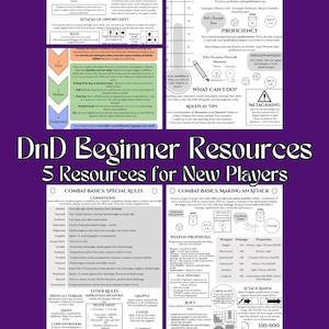 May include: A purple infographic titled "DnD Beginner Resources" with text and diagrams for new players. It includes sections on combat basics, special rules, and other game mechanics. The text is in white and orange.
