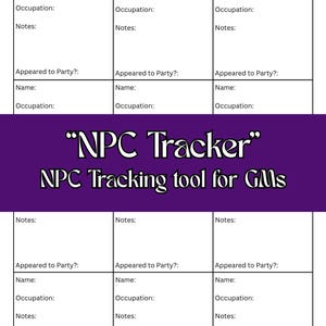 Peut inclure: Une feuille de suivi de PNJ blanche et violette avec des sections pour les noms, les professions et les notes. Le texte "NPC Tracker" et "NPC Tracking tool for GMs" est affiché au centre de la feuille.