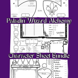 May include: Black and white character sheet bundle for Paladin, Wizard, and Alchemy classes. Includes sections for traits, features, skills, and spells. Features a purple background and various game-related illustrations.