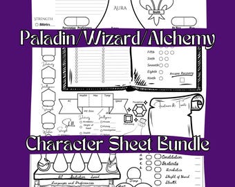 Paquete de 3 hojas de personaje: Paladín, Mago, Alquimia / Juego de rol de rol (TTRPG) con descarga digital. Hojas de personaje personalizadas.