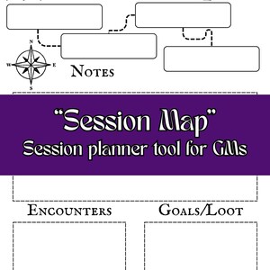 Könnte beinhalten: Eine schwarz-weiße Session-Karte mit einer Windrose, einem Karten-Symbol und rechteckigen Kästchen für Notizen und Begegnungen. Der Text "Session Map" und "Session planner tool for GMs" sind ebenfalls vorhanden.