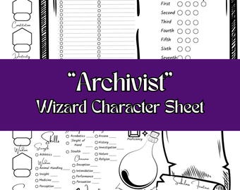 Archivista - Hoja de personaje de Mago TTRPG, compatible con 5e