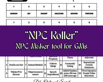 NPC Roller - Generador de NPC para DM, compatible con TTRPG 5e, apto para imprimir
