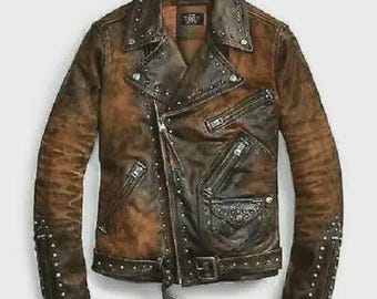 Giacca in pelle marrone nera punk con borchie argentate e cerniera