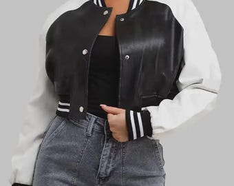 Giacca da college in pelle nera da donna