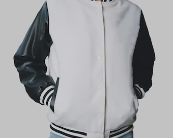 Giacca da college in pelle nera e bianca da donna